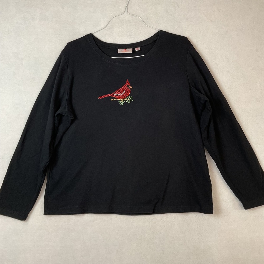 Quacker Factory Black Rhinestone Cardinal Long Sleeve Cotton Top‎ XL Womens